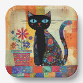 Black Cat Folk Art Pappteller (Vorderseite)