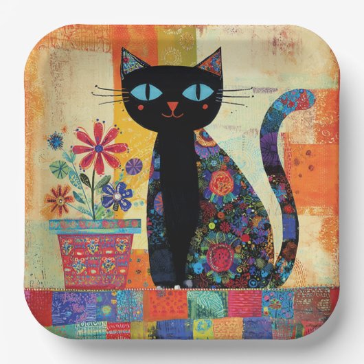 Black Cat Folk Art Pappteller (Vorderseite)