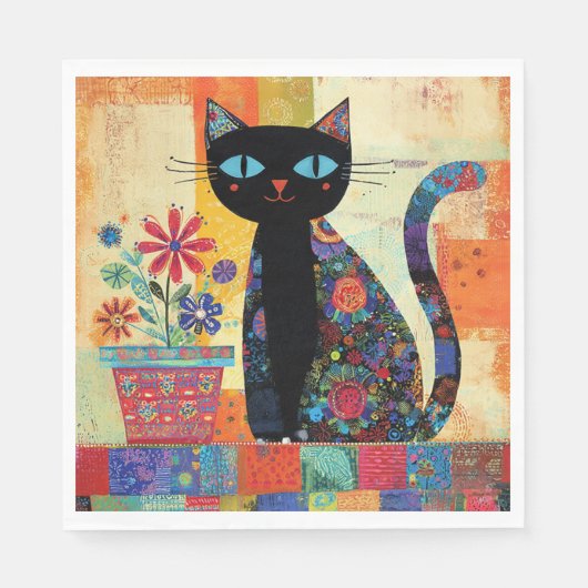 Black Cat Folk Art Serviette (Vorderseite)