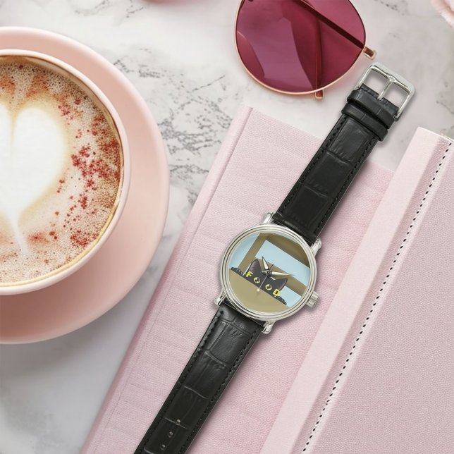 Black Cat Food Funny Hungry Kitty Humor Armbanduhr (Von Creator hochgeladen)