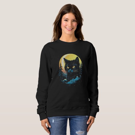 Black Cat Forest Moon Mystical Black Cat Sweatshirt (Vorne ganz)