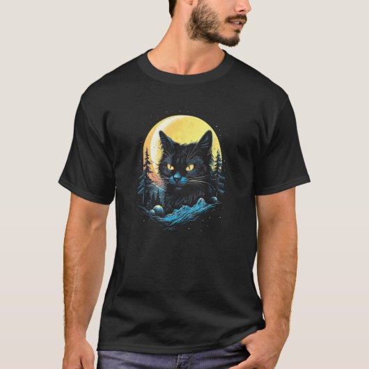 Black Cat Forest Moon Mystical Black Cat T-Shirt (Vorderseite)