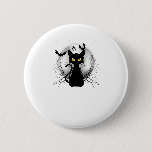 Black Cat Full Moon Bats & Starnight Halloween Button (Vorderseite)