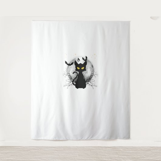 Black Cat Full Moon Bats & Starnight Halloween Wandteppich (Vorderseite)