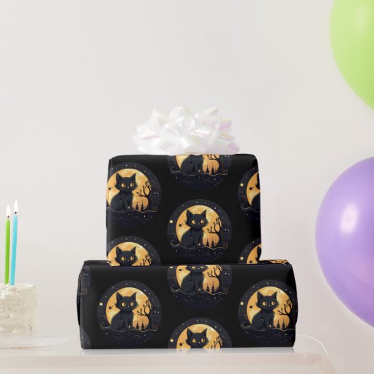 Black Cat Full Moon Celestial Black Halloween Geschenkpapier (Partygeschenke)