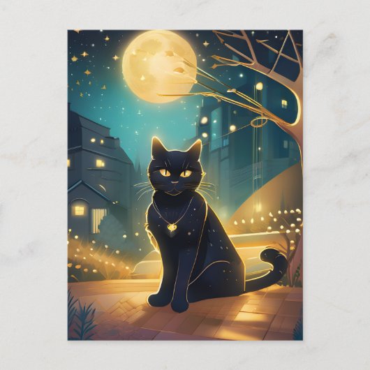 Black Cat Full Moon City Postkarte (Vorderseite)