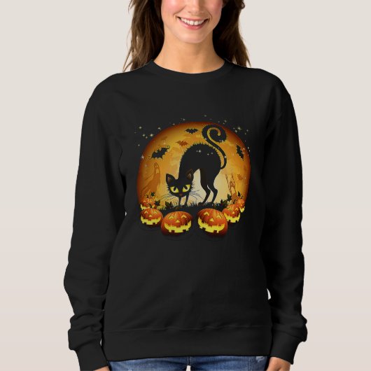 Black Cat Full Moon Scary Pumpkin Halloween T Sweatshirt (Vorderseite)