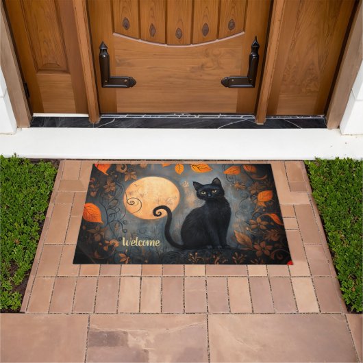Black Cat Full Moon Verziert Halloween Willkommen Fußmatte (Außenbereich)