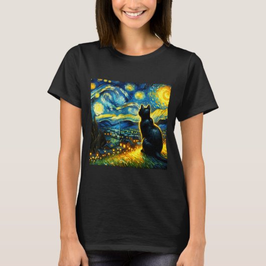 Black Cat Funny Cat Lover Mom Daddy Starry Night V T-Shirt (Vorderseite)