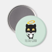 Black Cat Funny Puff mit Halo - Feline Good Magnet (Vorderseite/Rückseite)