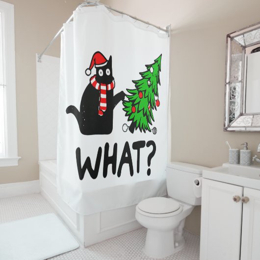Black Cat Funny Pushing Christmas Tree Duschvorhang (Beispiel)