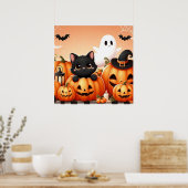 Black Cat, Ghost und Jack-O-Lanterns Poster (Küche)