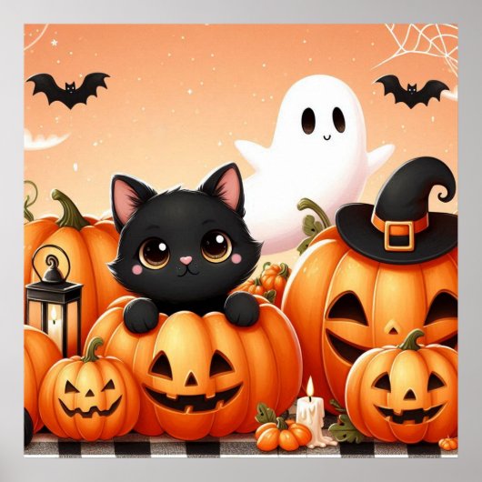 Black Cat, Ghost und Jack-O-Lanterns Poster (Vorne)