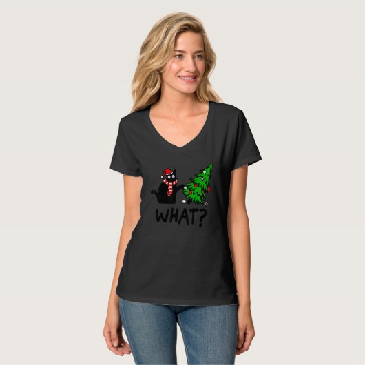 Black Cat Gift Pushing Christmas Tree Over Cat Wha T-Shirt (Vorderseite Vollansicht)