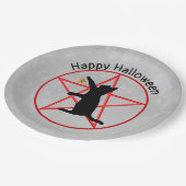 Black Cat Gold Star Rot Pentagramm Halloween Pappteller (Schrägansicht)