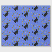 Black Cat Gold Stars Blue Wrapping Paper Geschenkpapier (Flach)