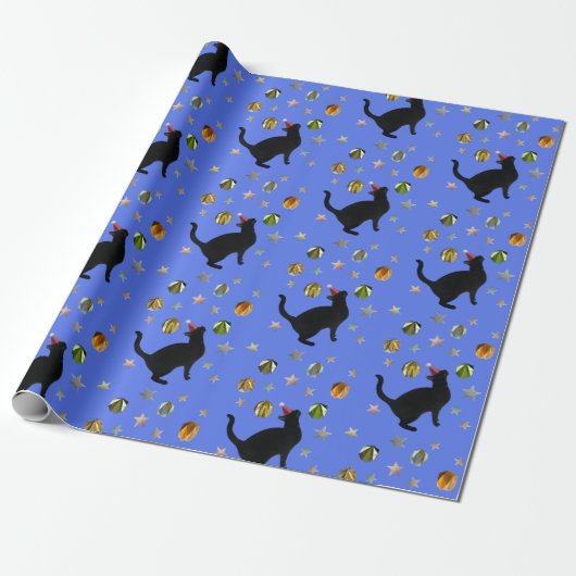 Black Cat Gold Stars Blue Wrapping Paper Geschenkpapier (Ungerollt)