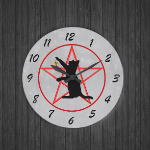 Black Cat Golden Star Red Pentagram Circle Grau Große Wanduhr