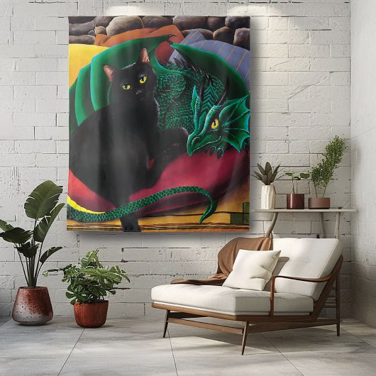Black Cat Green Dragon Wandteppich