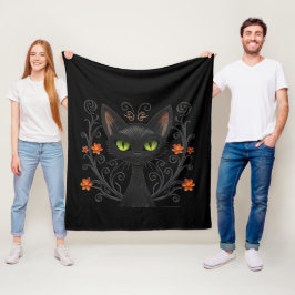 Black Cat Green Eyes Filigree Design Fleecedecke