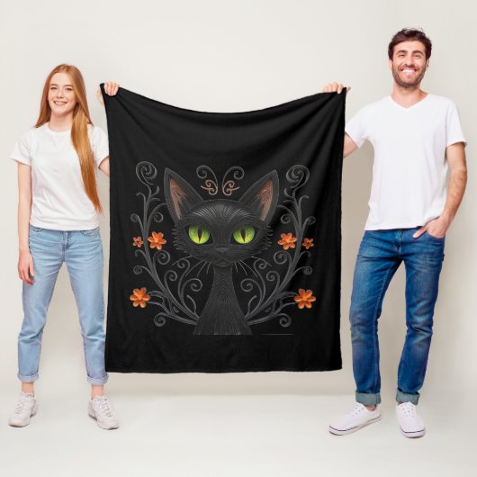 Black Cat Green Eyes Filigree Design Fleecedecke (Beispiel)