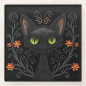 Black Cat Green Eyes Filigree Design Glasuntersetzer (Vorderseite)