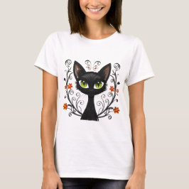 Black Cat Green Eyes Filigree Design T-Shirt