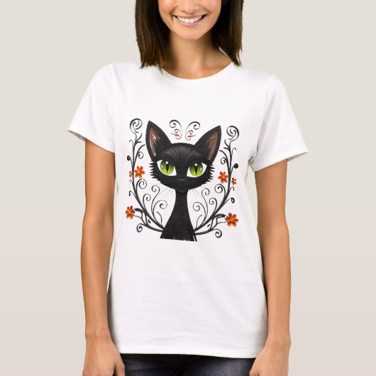 Black Cat Green Eyes Filigree Design T-Shirt (Vorderseite)