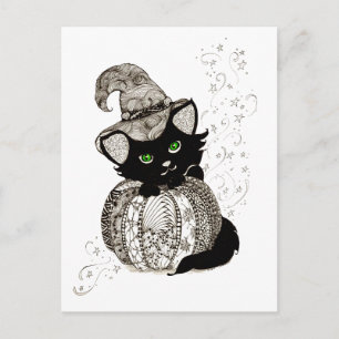 Black Cat Green Eyes Pumpkin Postkarte