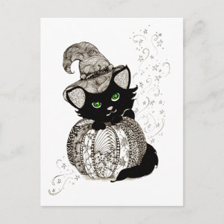 Black Cat Green Eyes Pumpkin Postkarte