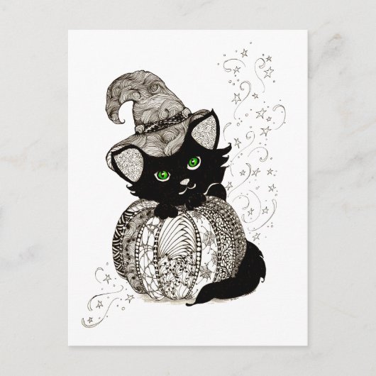 Black Cat Green Eyes Pumpkin Postkarte (Vorderseite)