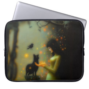 Black Cat Green Forest Occult Dark Hexy AI Art Laptopschutzhülle