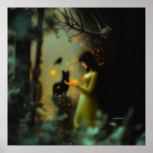 Black Cat Green Forest Witchy AI Art Matt Value Poster