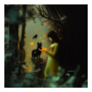 Black Cat Green Forest Witchy AI Art Semi Gloss Poster