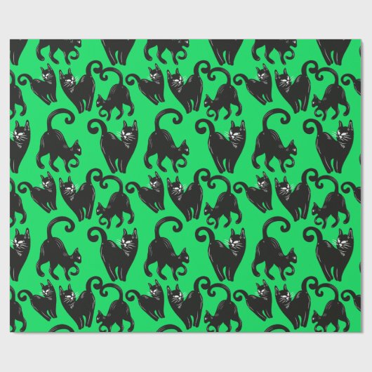Black Cat Green Halloween Wrapping Paper Geschenkpapier (Flach)