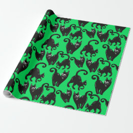 Black Cat Green Halloween Wrapping Paper Geschenkpapier