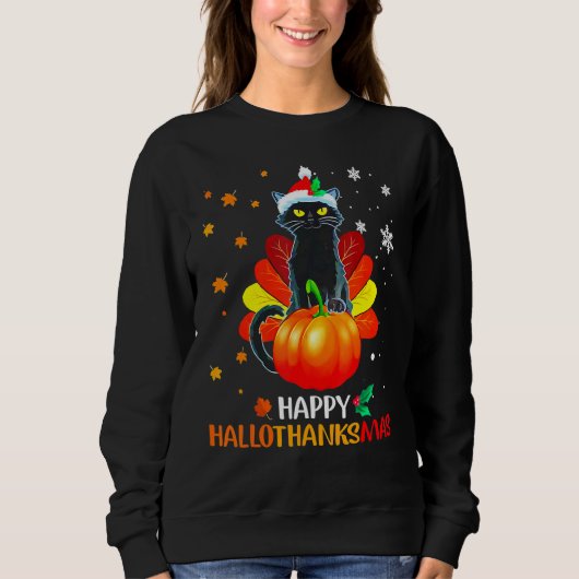 Black Cat Halloween And Merry Christmas Happy Hall Sweatshirt (Vorderseite)