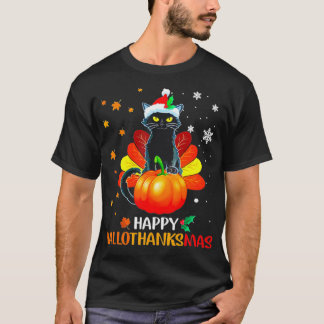 Black Cat Halloween And Merry Christmas Happy T-Shirt