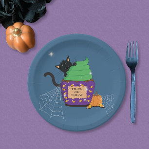 Black Cat Halloween Blue Paper Plate Pappteller