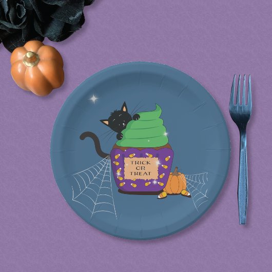 Black Cat Halloween Blue Paper Plate Pappteller