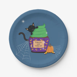 Black Cat Halloween Blue Paper Plate Pappteller