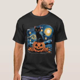 Black Cat Halloween Cat Lovers Starry Night Cat T-Shirt