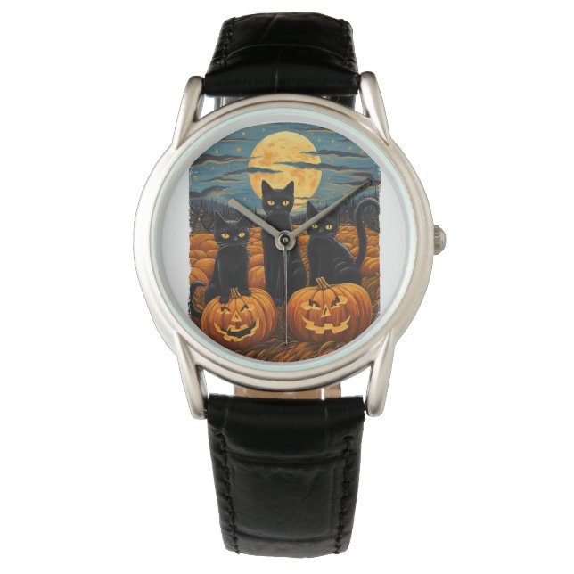 Black Cat Halloween Cat Lovers Starry Night Cat Va Armbanduhr (Vorderseite)