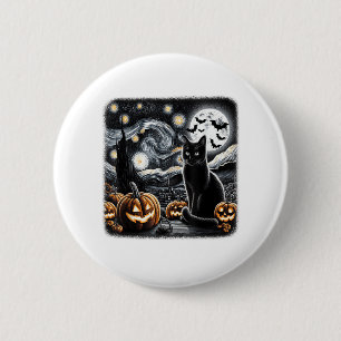 Black Cat Halloween Cat Lovers Starry Night Cat Va Button