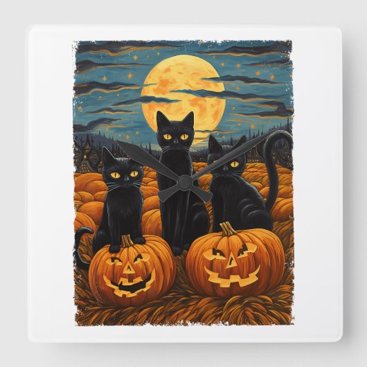 Black Cat Halloween Cat Lovers Starry Night Cat Va Quadratische Wanduhr (Vorderseite)