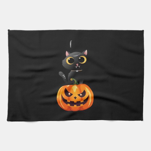Black Cat Halloween Design � Spooky Pumpkin Art fo Geschirrtuch (Horizontal)