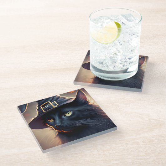 Black Cat Halloween Glasuntersetzer (Schrägansicht)