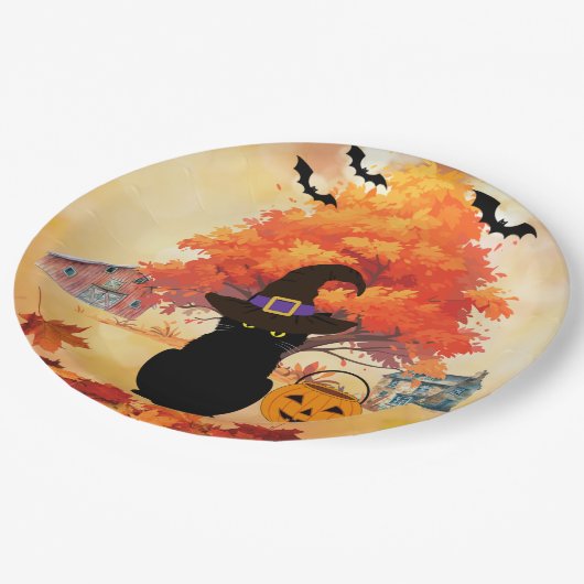 Black Cat Halloween Paper Plates Pappteller (Schrägansicht)