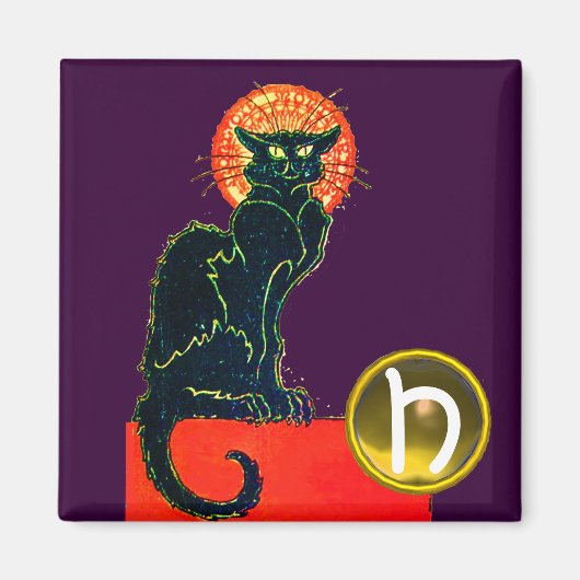 BLACK CAT HALLOWEEN PARTY MONOGRAM Purple Magnet (Vorne)