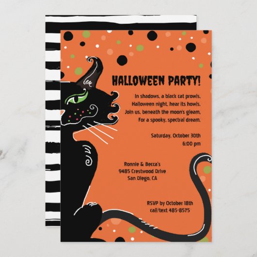 Black Cat Halloween-Party Spooky Whimsical Orange Einladung (Vorne/Hinten)